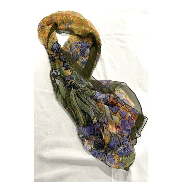 VTG Vincent Van Gogh Silk Scarf Irises Purple Orange Green Lightweight 60x20” - Picture 3 of 8